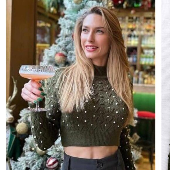 Zara Green Open Back Knit Sweater w/ Pearl Small Holiday Elegant Fun - Picture 2 of 14